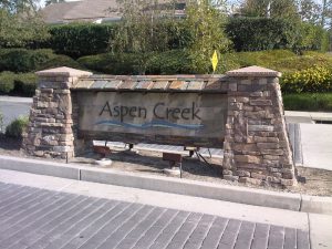Aspen Creek Community Sign with Ledgestone vaneer built by AJM Construction Services, Orange County CA